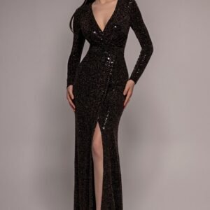 Goddiva Sequin Glitter Lurex Long Sleeve Wrap Maxi Dress - Black