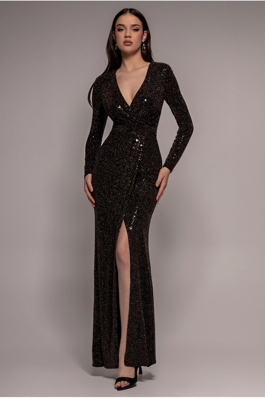 Goddiva Sequin Glitter Lurex Long Sleeve Wrap Maxi Dress – Black