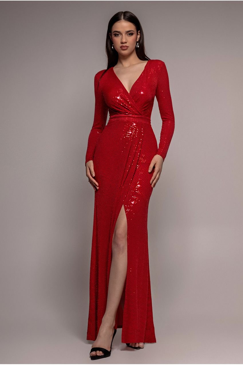 Goddiva Sequin Glitter Lurex Long Sleeve Wrap Maxi Dress – Red