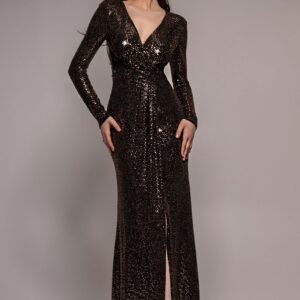 Goddiva Sequin Glitter Lurex Long Sleeve Wrap Maxi Dress - Rose Gold