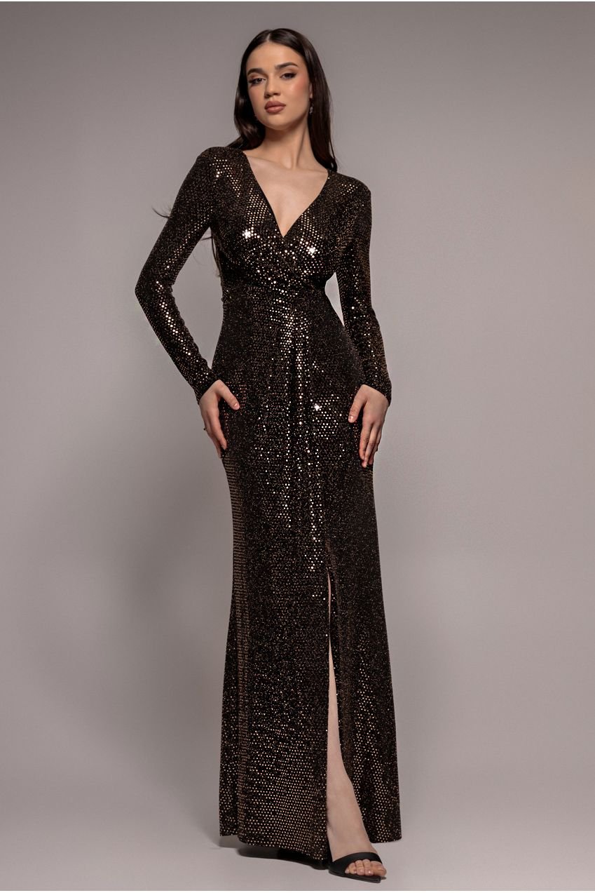 Goddiva Sequin Glitter Lurex Long Sleeve Wrap Maxi Dress – Rose Gold
