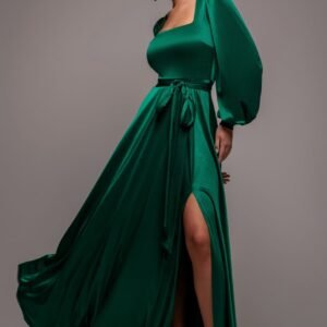Goddiva Satin Square Neck Bishop Sleeve A Line Maxi Dress - Emerald Green