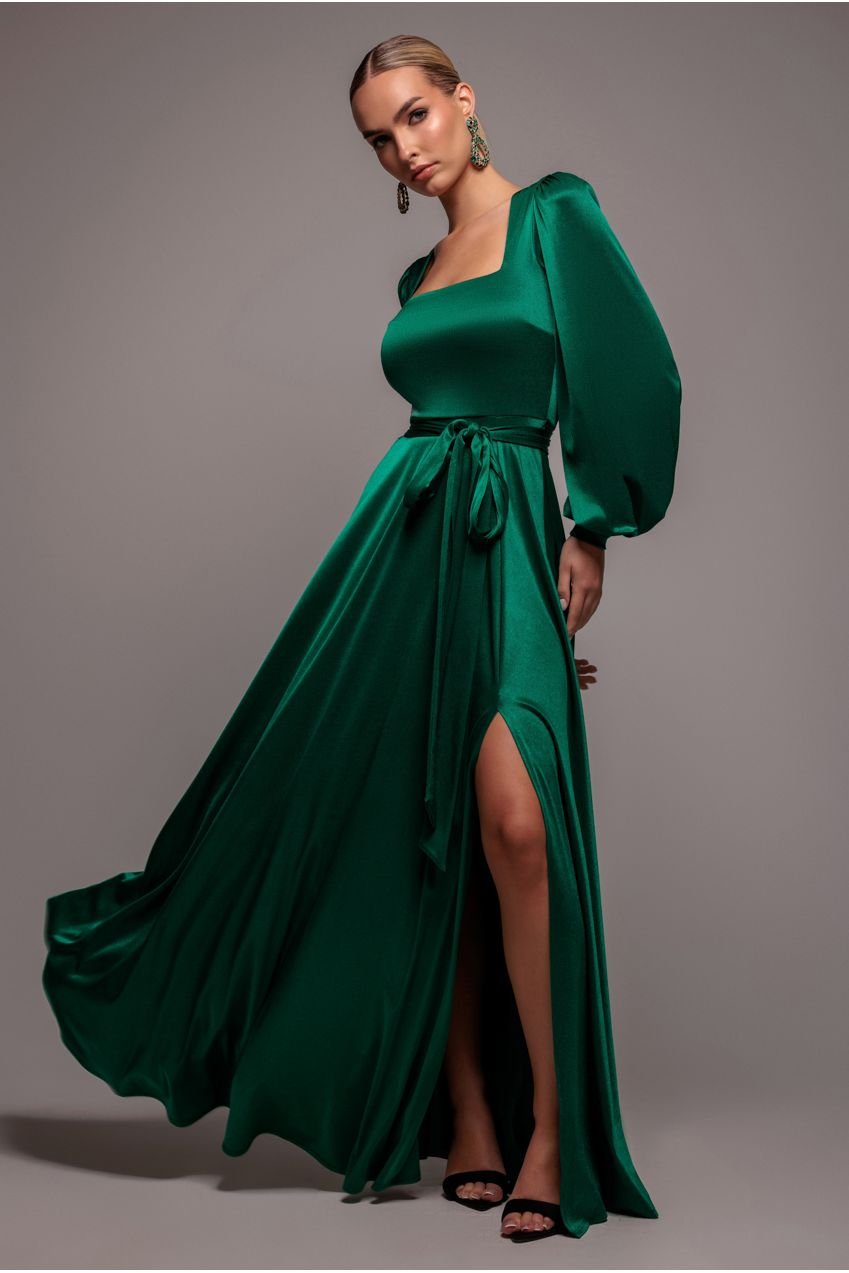 Goddiva Satin Square Neck Bishop Sleeve A Line Maxi Dress – Emerald Green