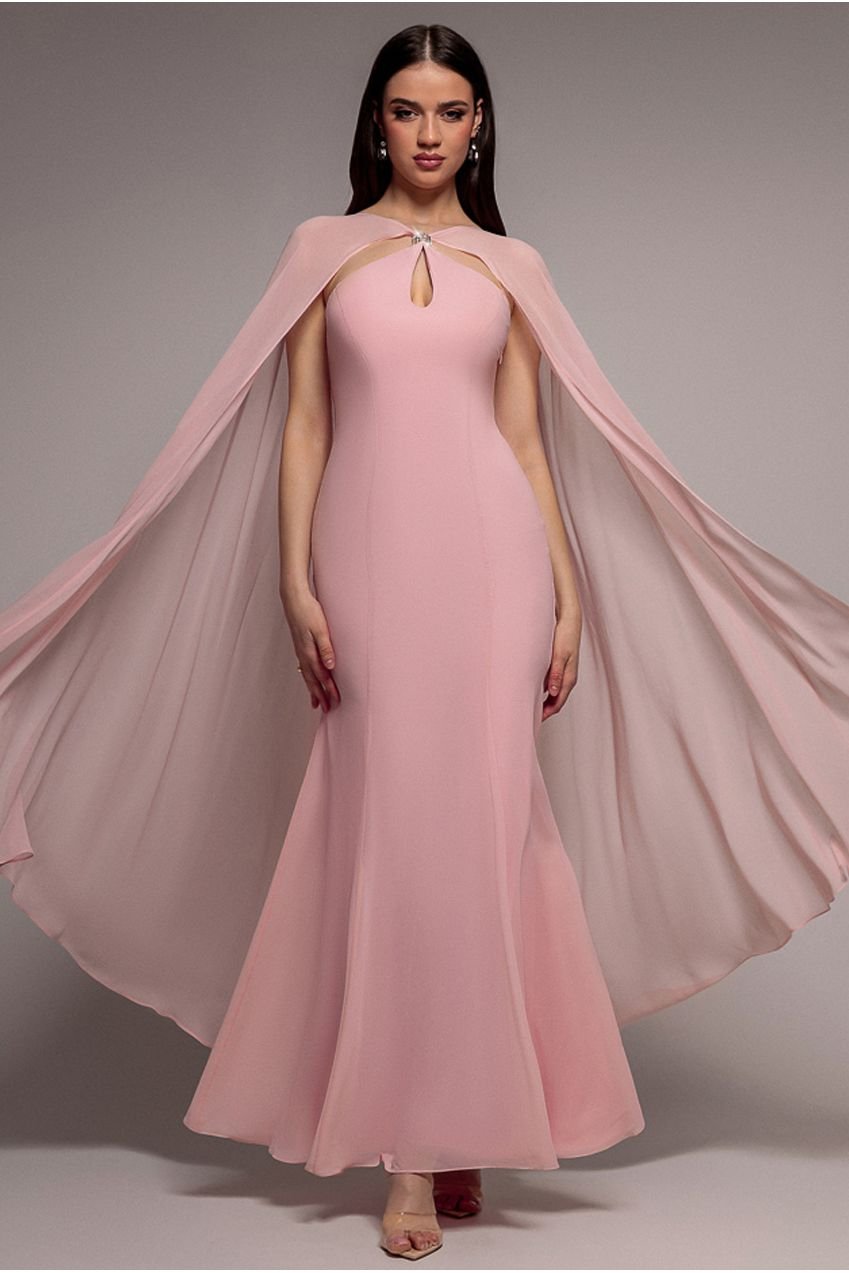Goddiva Multiway Cape Chiffon With Embellished Trim Maxi Dress – Blush Pink