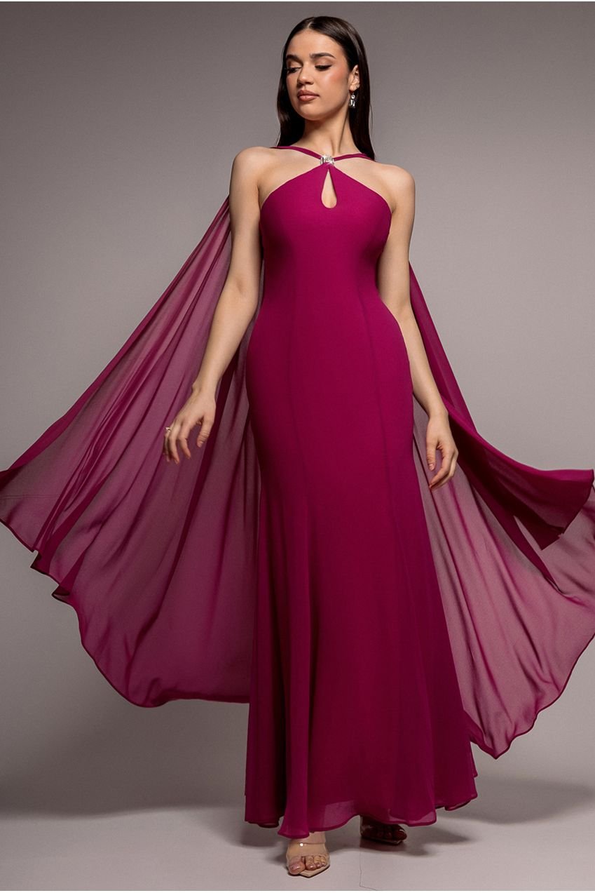 Goddiva Multiway Cape Chiffon With Embellished Trim Maxi Dress – Magenta
