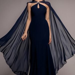 Goddiva Multiway Cape Chiffon With Embellished Trim Maxi Dress - Navy Blue