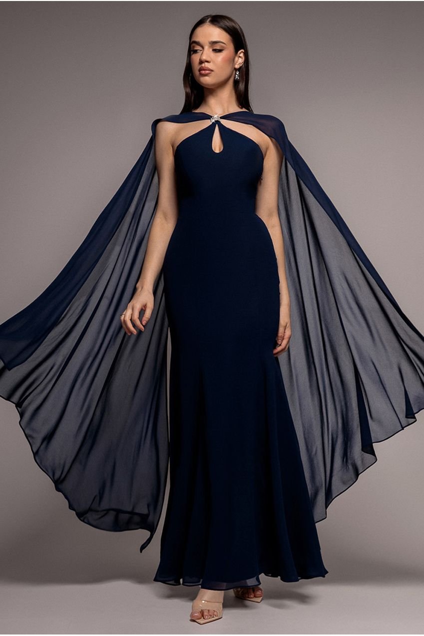 Goddiva Multiway Cape Chiffon With Embellished Trim Maxi Dress – Navy Blue