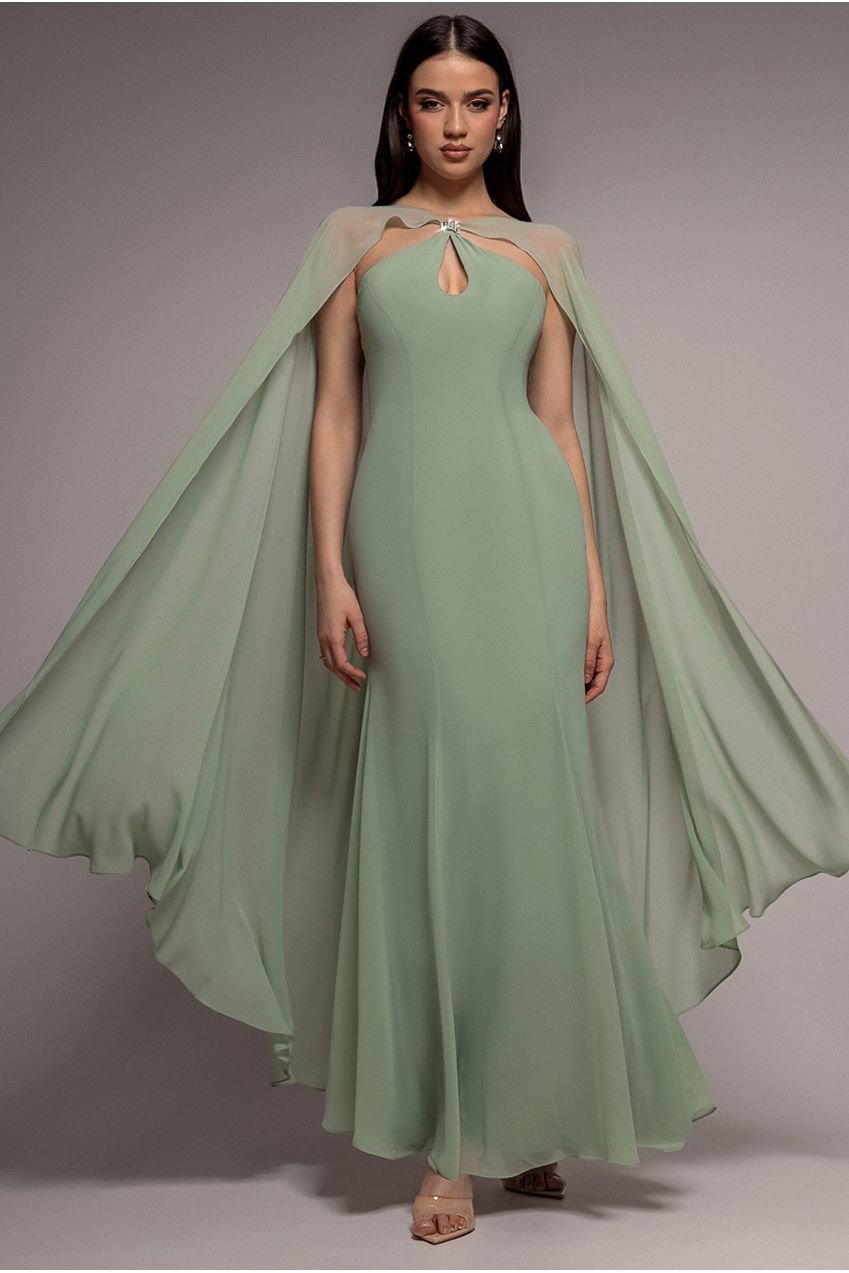Goddiva Multiway Cape Chiffon With Embellished Trim Maxi Dress – Sage Green