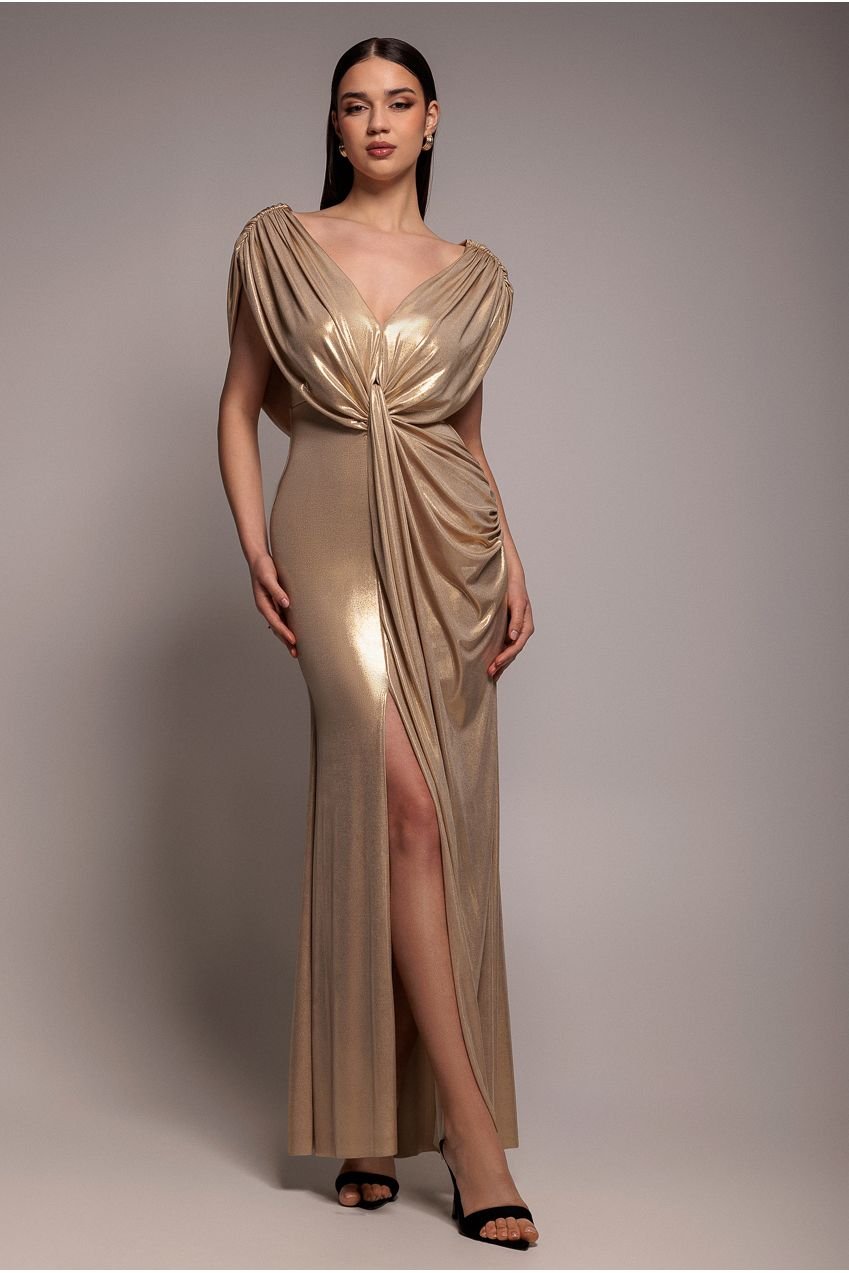 Goddiva Cowl Plunge Draped Foil Maxi Dress – Gold
