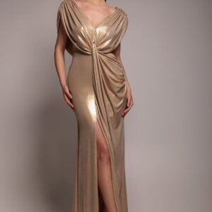 Goddiva Cowl Plunge Draped Foil Maxi Dress - Gold