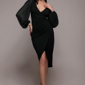 Goddiva Scuba & Chiffon Balloon Sleeve Wrap Midi Dress - Black