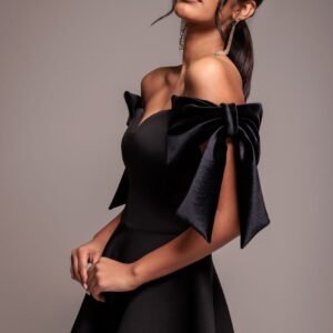 Goddiva Scuba Off The Shoulder Velvet Bow Skater Midi Dress - Black