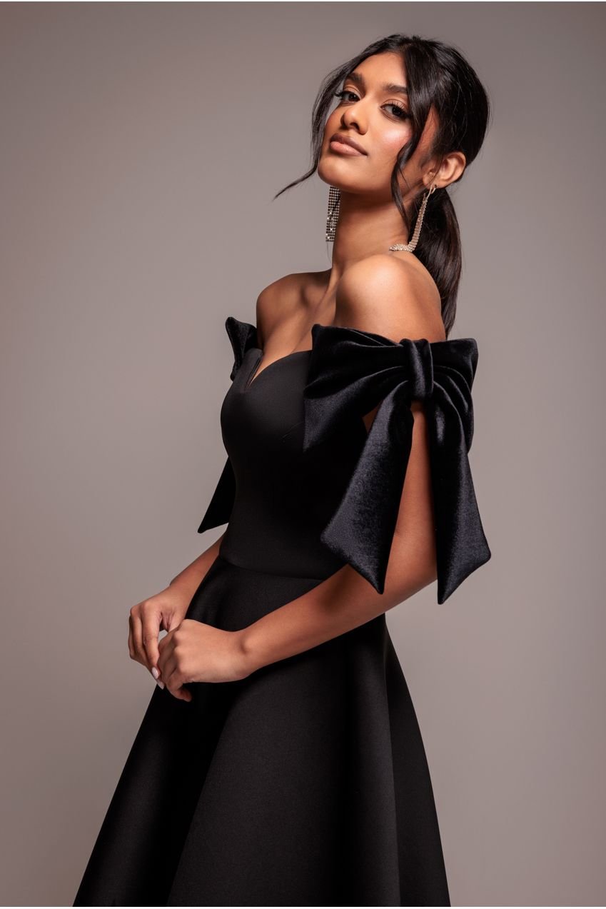 Goddiva Scuba Off The Shoulder Velvet Bow Skater Midi Dress – Black