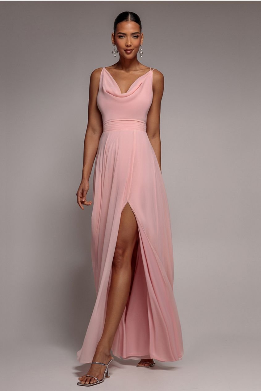 Goddiva Chiffon Cowl Twisted Rope Strap Lace-up Flared Maxi Dress – Blush Pink