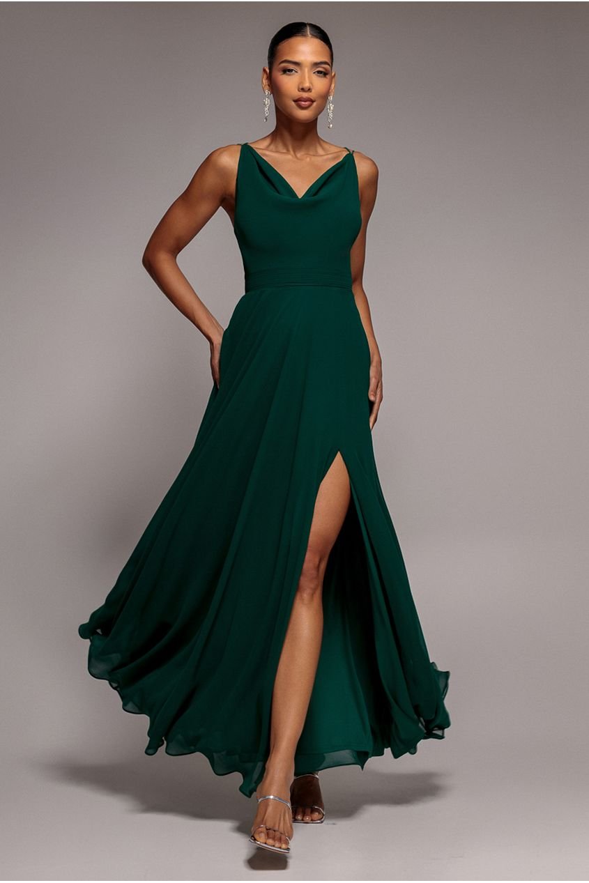 Goddiva Chiffon Cowl Twisted Rope Strap Lace-up Flared Maxi Dress – Emerald Green