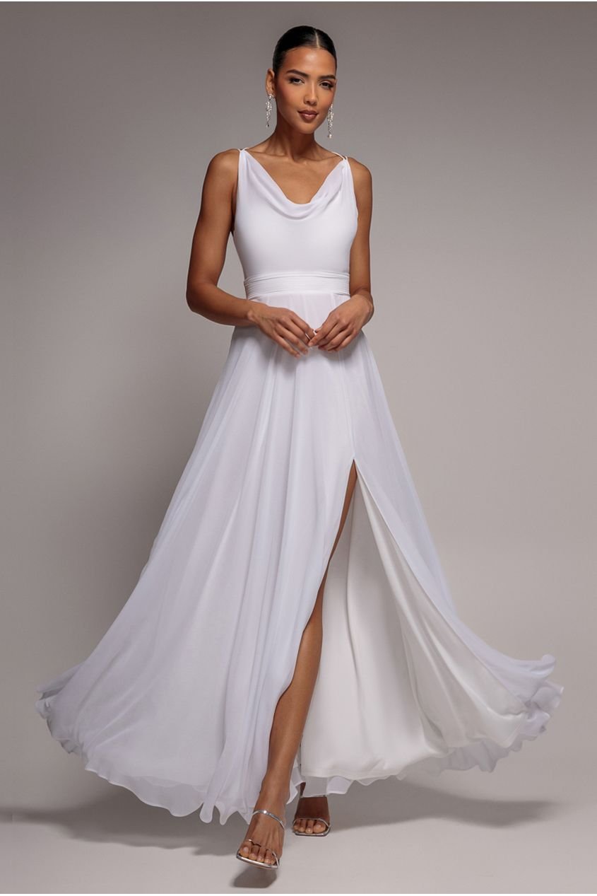 Goddiva Chiffon Cowl Twisted Rope Strap Lace-up Flared Maxi Dress – Ivory