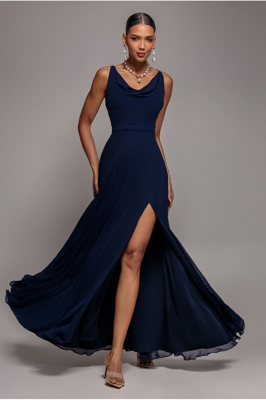 Goddiva Chiffon Cowl Twisted Rope Strap Lace-up Flared Maxi Dress – Navy Blue