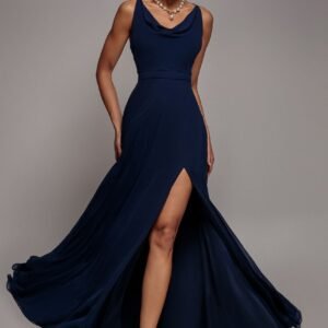 Goddiva Chiffon Cowl Twisted Rope Strap Lace-up Flared Maxi Dress - Navy Blue