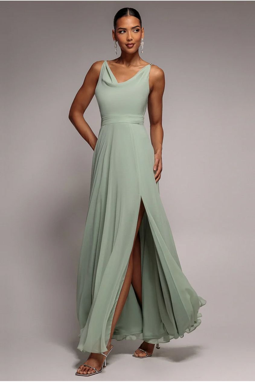 Goddiva Chiffon Cowl Twisted Rope Strap Lace-up Flared Maxi Dress – Sage Green