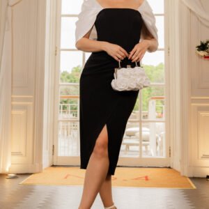 Goddiva Contrast Off Shoulder Back Satin Bow Scuba Midi Dress - Black Cream