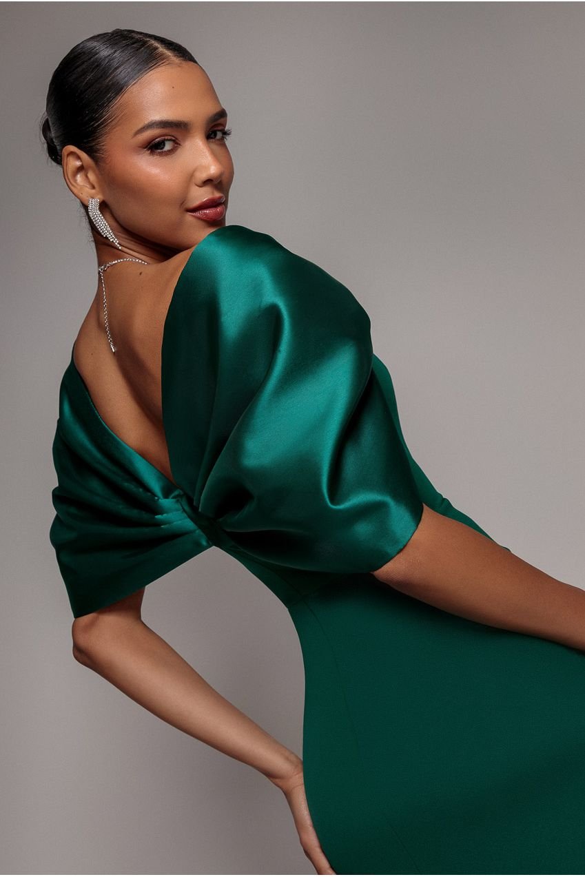 Goddiva Off Shoulder Back Satin Bow Wrap Crepe Midi Dress – Emerald Green