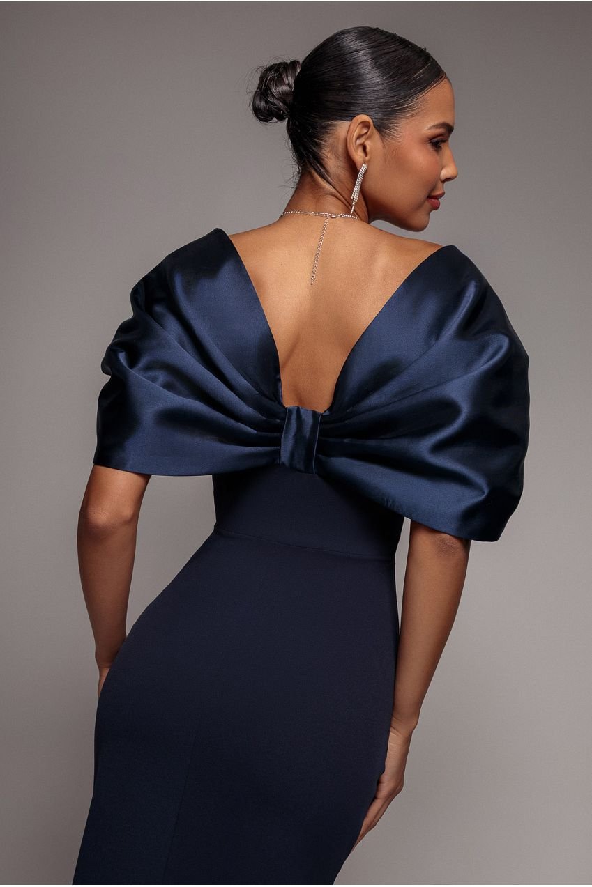 Goddiva Off Shoulder Back Satin Bow Wrap Crepe Midi Dress – Navy Blue