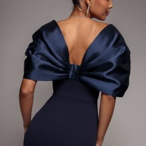Goddiva Off Shoulder Back Satin Bow Wrap Crepe Midi Dress - Navy Blue