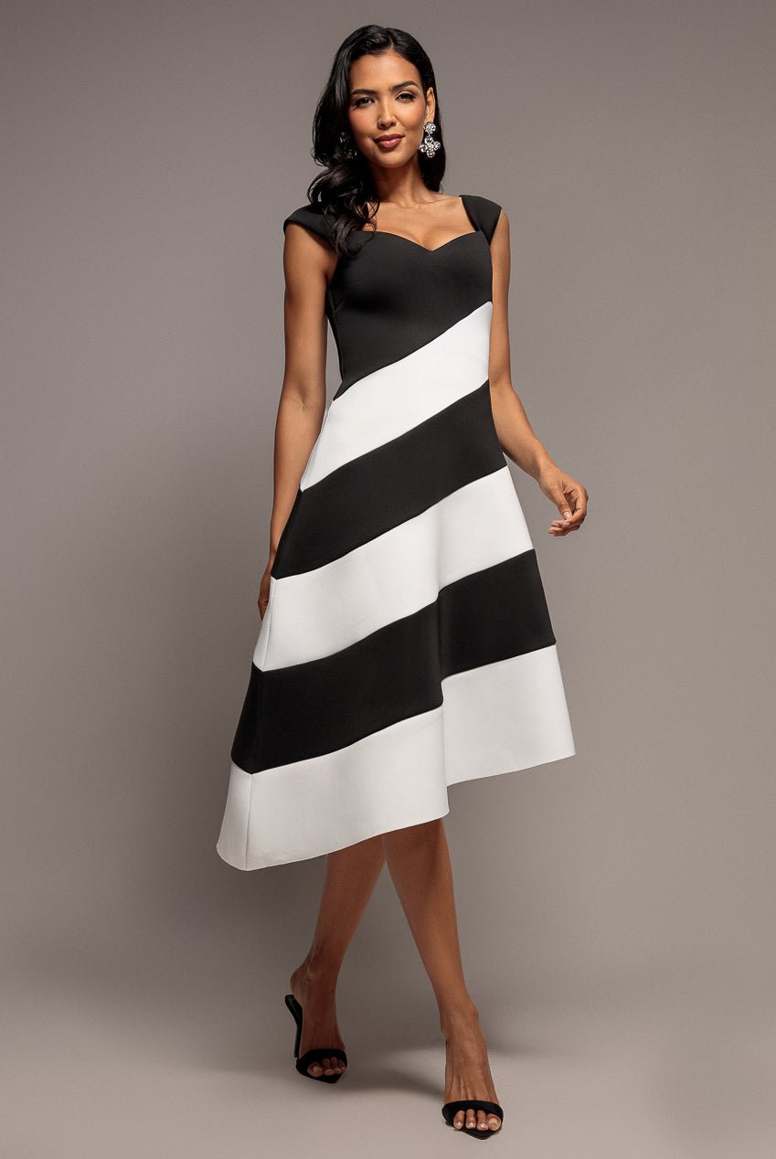 Goddiva Striped Contrast Asymmetric Midi Dress – Black Cream