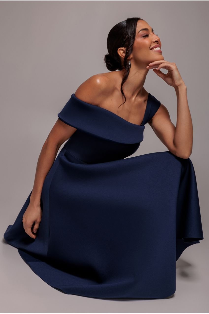 Goddiva One Shoulder A Line Midi Dress – Navy Blue