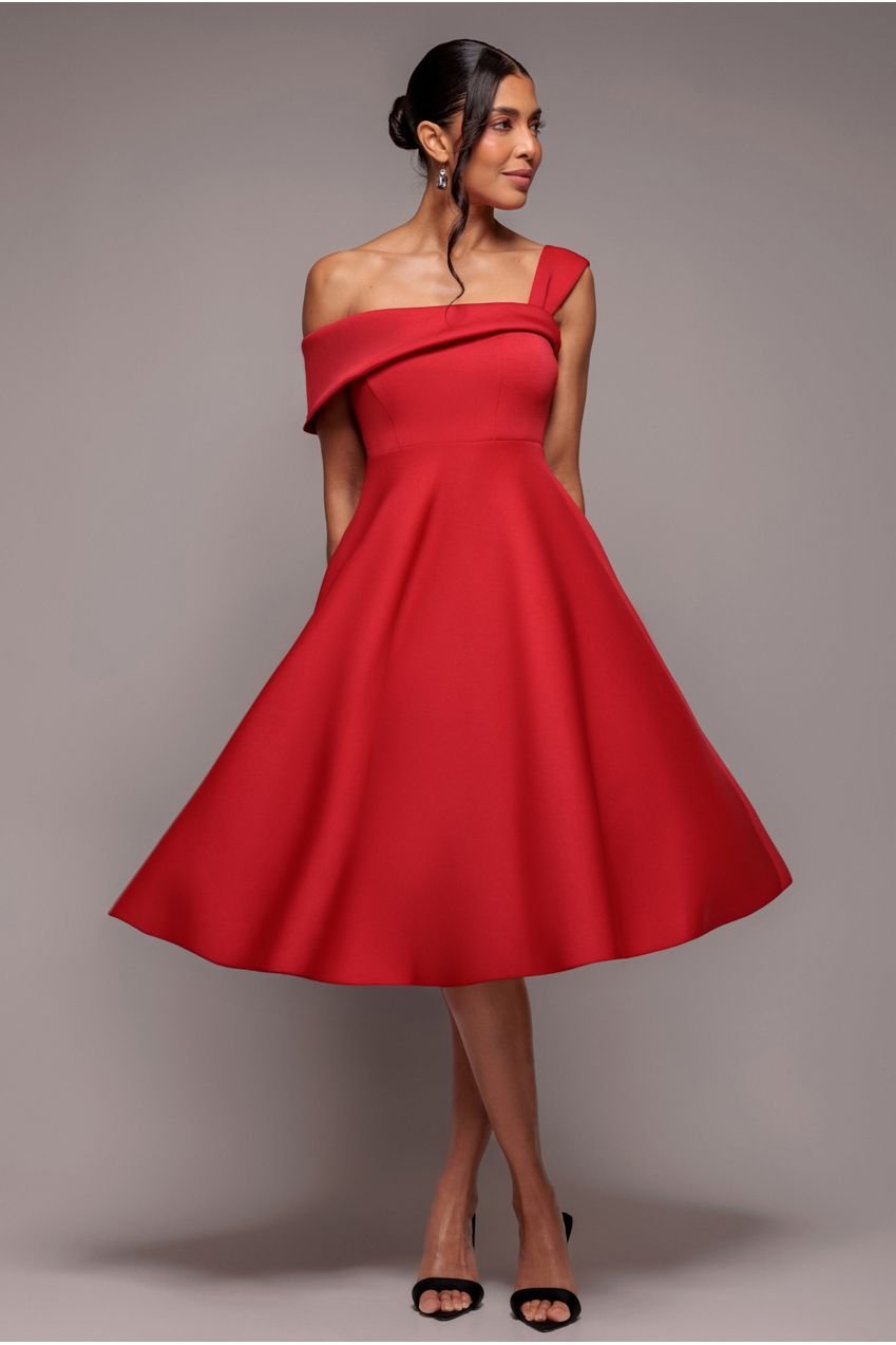 Goddiva One Shoulder A Line Midi Dress – Red