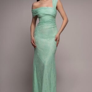 Goddiva One Shoulder Pleated Bardot Lace Maxi Dress - Mint Green