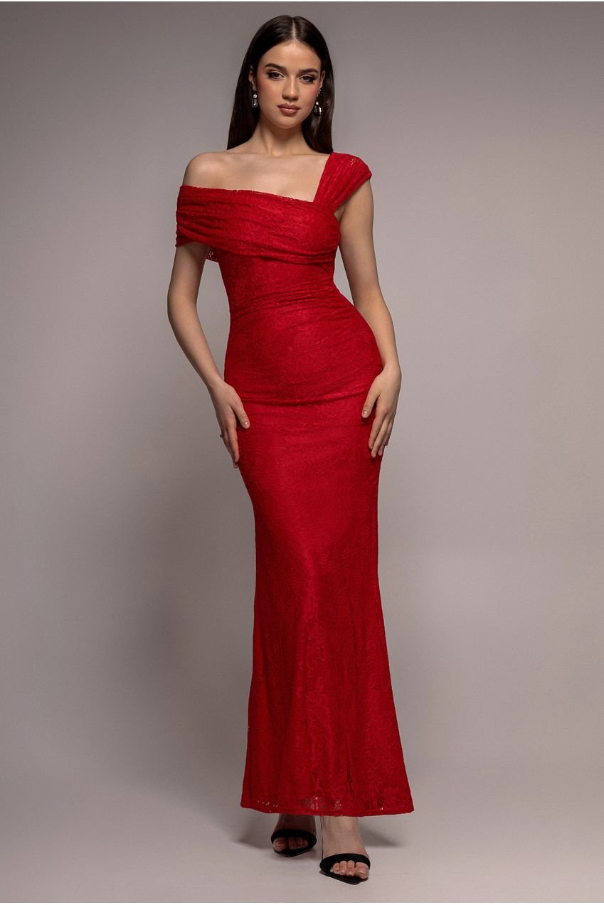 Goddiva One Shoulder Pleated Bardot Lace Maxi Dress – Red