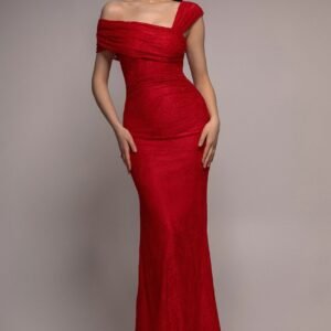 Goddiva One Shoulder Pleated Bardot Lace Maxi Dress - Red