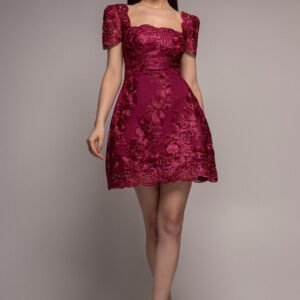 Goddiva Scallop Edge Corset Back Structured Lace Mini Dress - Burgundy