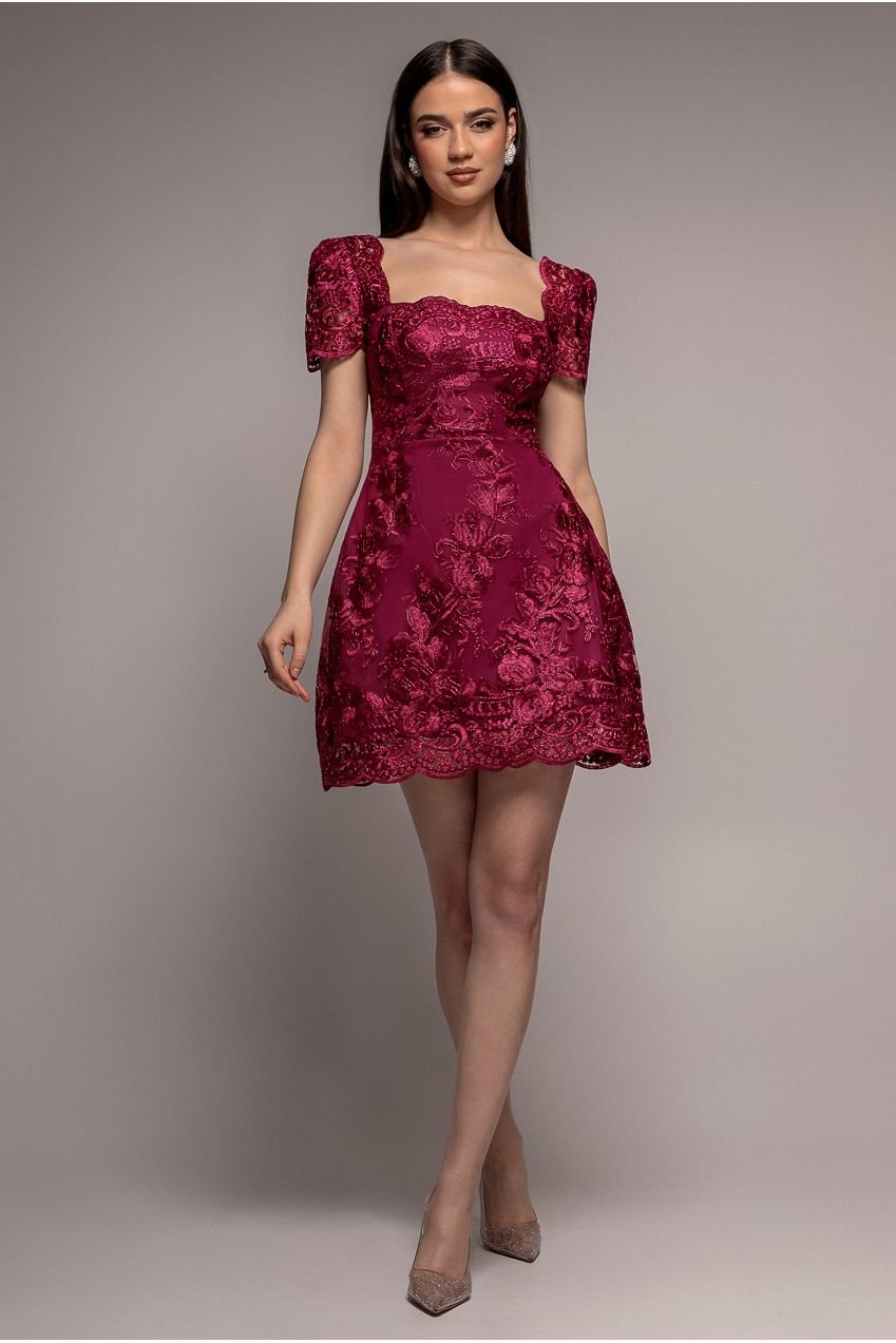 Goddiva Scallop Edge Corset Back Structured Lace Mini Dress – Burgundy