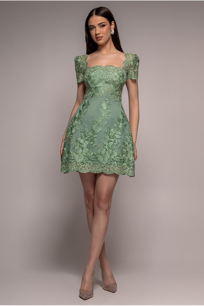 Goddiva Scallop Edge Corset Back Structured Lace Mini Dress – Sage Green