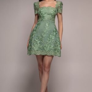 Goddiva Scallop Edge Corset Back Structured Lace Mini Dress - Sage Green
