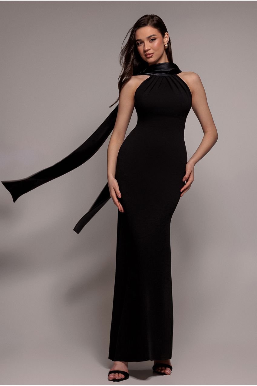 Goddiva Satin Multi-Tie Halterneck Maxi Dress – Black