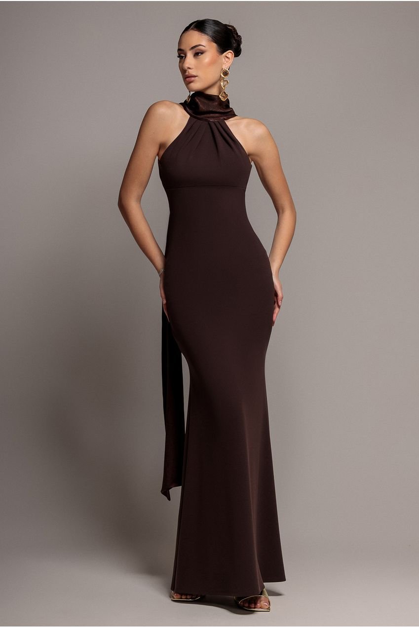 Goddiva Scuba & Soft Satin Halterneck Maxi Dress With Back Sash – Brown