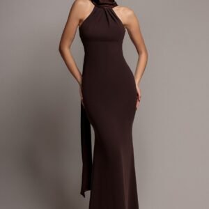 Goddiva Scuba & Soft Satin Halterneck Maxi Dress With Back Sash - Brown