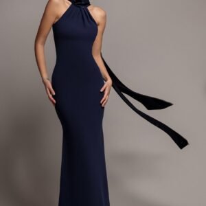 Goddiva Scuba & Soft Satin Halterneck Maxi Dress With Back Sash - Navy Blue