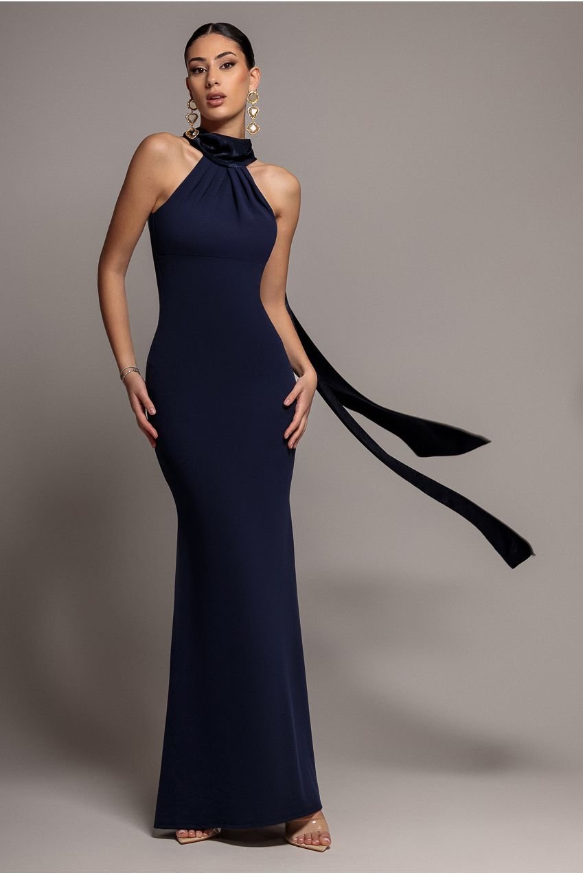 Goddiva Scuba & Soft Satin Halterneck Maxi Dress With Back Sash – Navy Blue