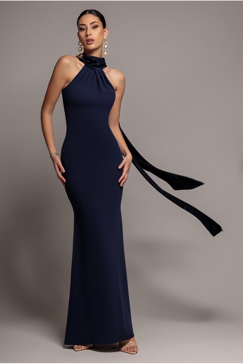 Goddiva Scuba & Soft Satin Halterneck Maxi Dress With Back Sash – Navy Blue