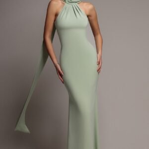 Goddiva Scuba & Soft Satin Halterneck Maxi Dress With Back Sash - Sage Green