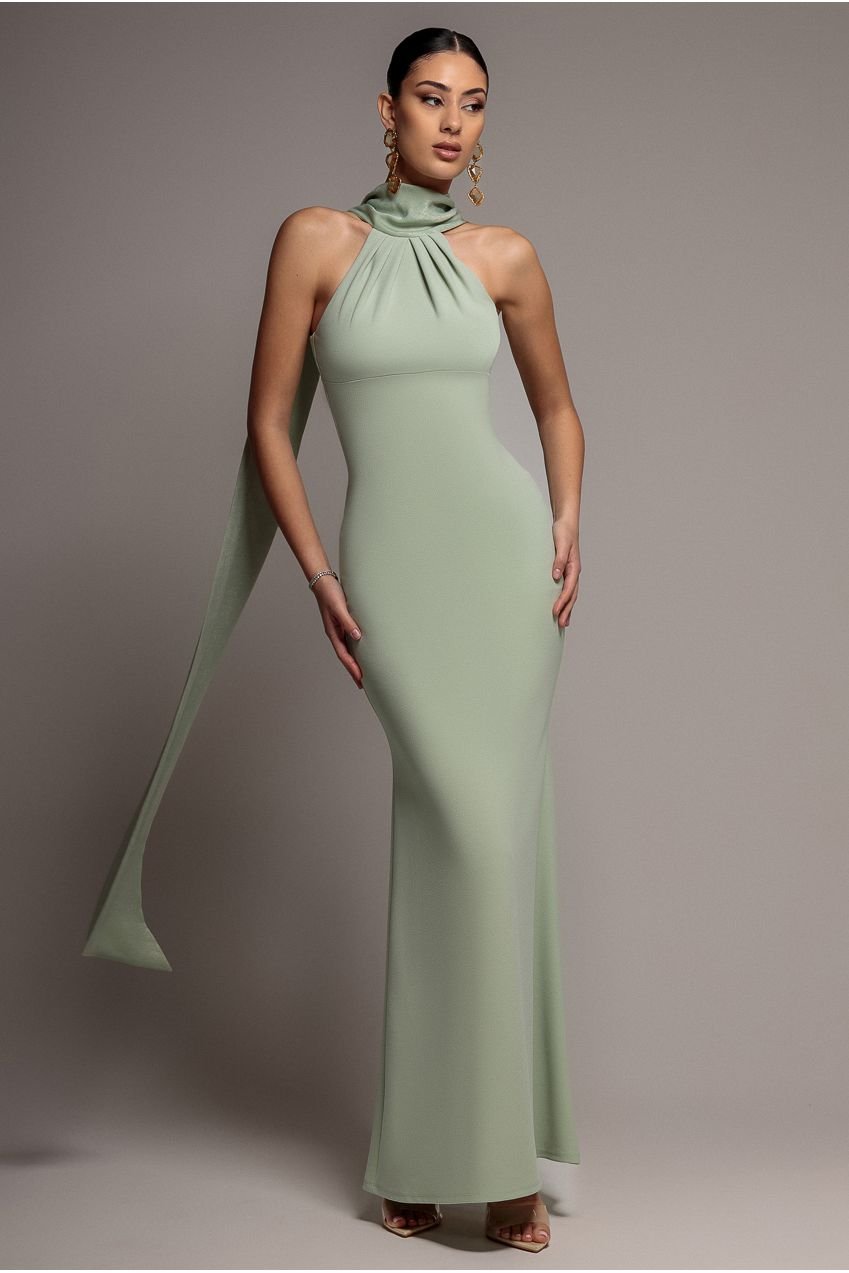 Goddiva Scuba & Soft Satin Halterneck Maxi Dress With Back Sash – Sage Green