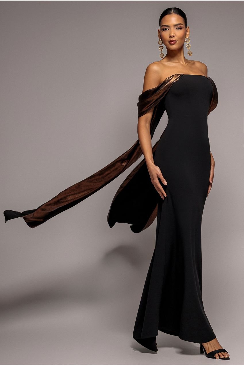 Goddiva Off The Shoulder Mirror Foil Angel Wing Cape Maxi Dress – Black