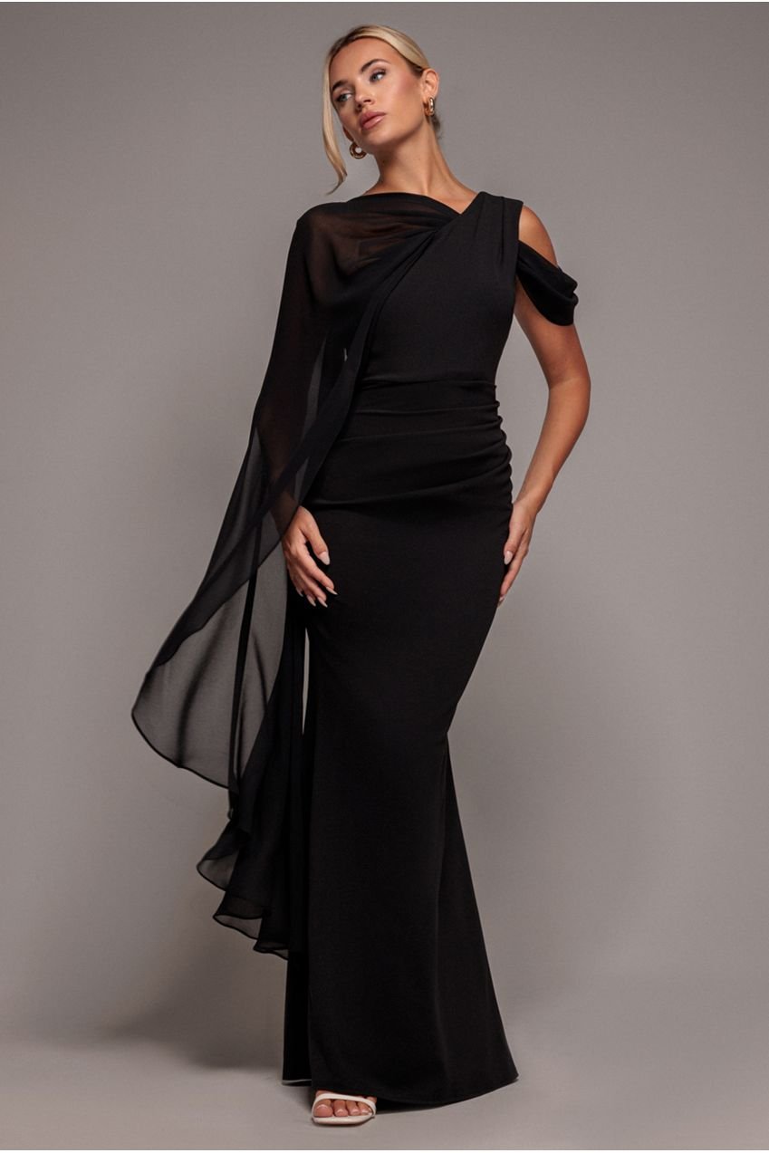 Goddiva One Shoulder Chiffon Cape Crepe Maxi Dress – Black