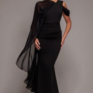 Goddiva One Shoulder Chiffon Cape Crepe Maxi Dress - Black
