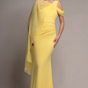 Goddiva One Shoulder Chiffon Cape Crepe Maxi Dress - Butter Yellow