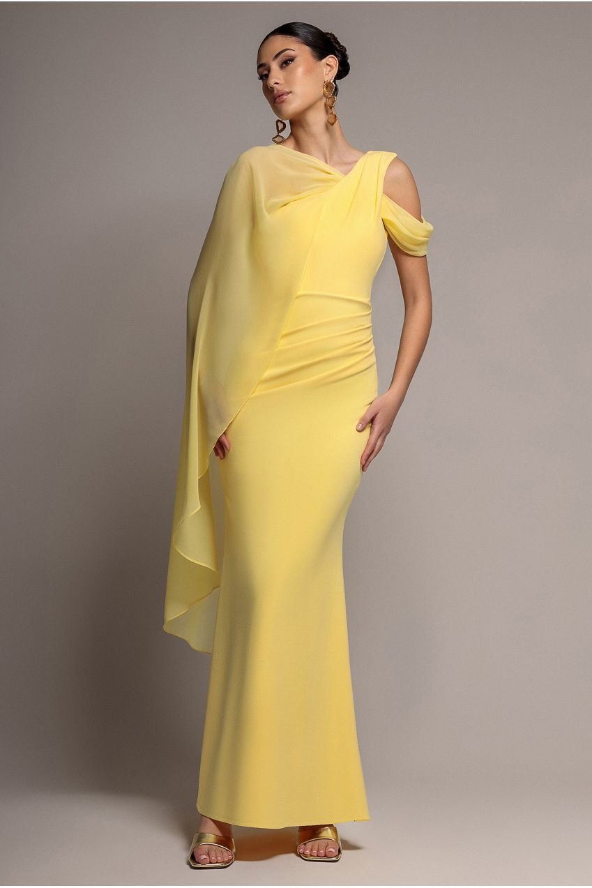 Goddiva One Shoulder Chiffon Cape Crepe Maxi Dress – Butter Yellow